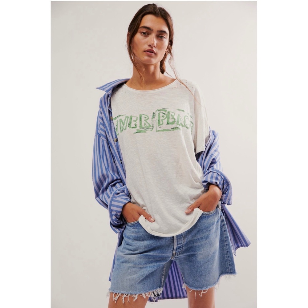 Magnolia Pearl Inner Peace Graphic Boyfriend Tee White Cotton O/S Distressed